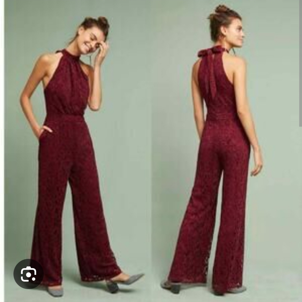 Ett:twa Anthropologie Aida Lace Halter Jumpsuit Burgundy Red‎ Tomato Girl US 2